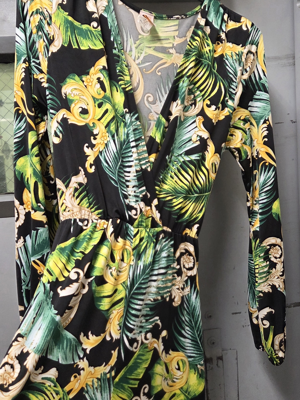 Black Tropical Print Wrap-Style Women's Top - Green & Yellow